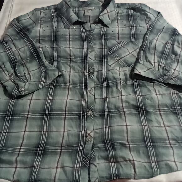 Catherine 's Tops - Catherine's Embellished Green Plaid Button Up Shirt 2X 3/4 Sleeve Cotton Blend